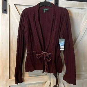 Ralph Lauren Medium 100% Cotton Wine Cable knit Sweater Cardigan Velvet Belt NEW